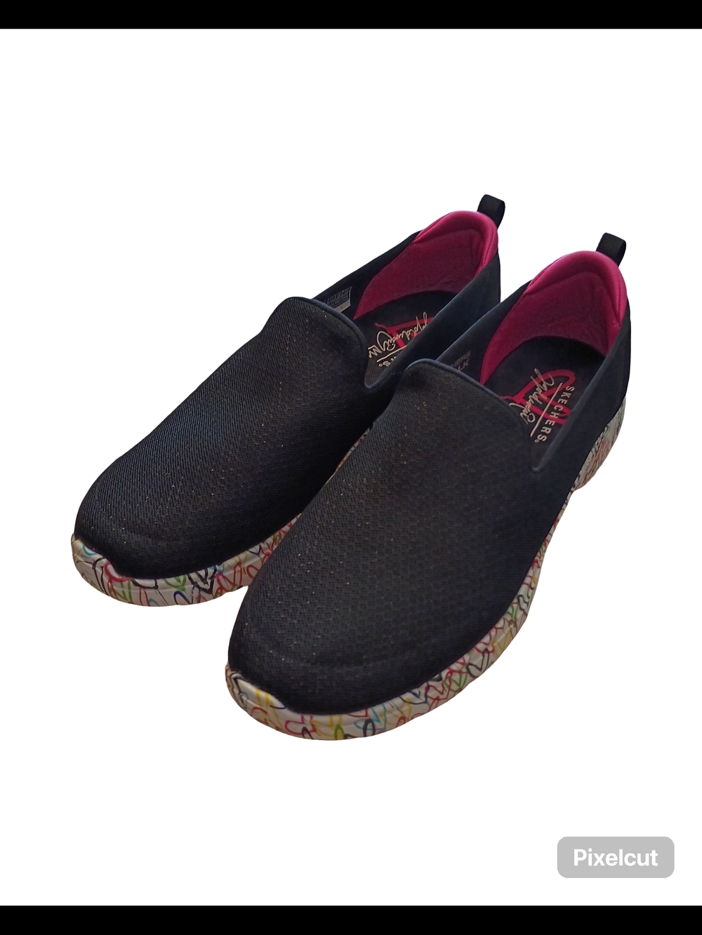 Skechers Black Slip-On Knit Mules with Pink Lining and Multicolor Graphic Sole - Picture 9 of 10